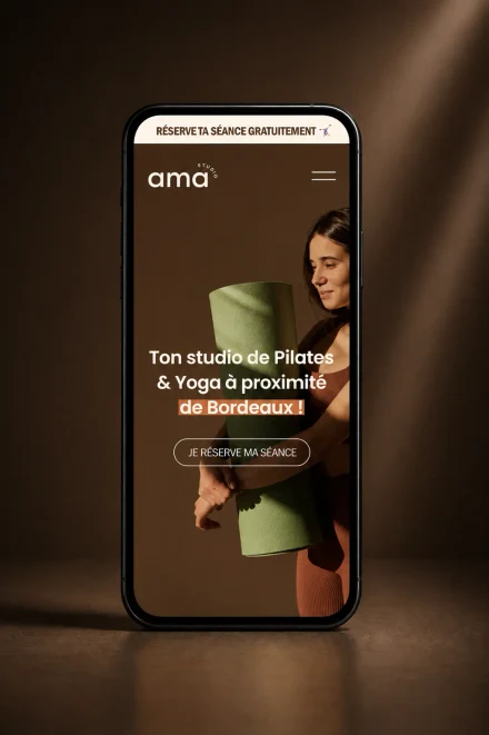 Page d'accueil mobile du site AMA Studio, studio de Pilates et Yoga près de Bordeaux