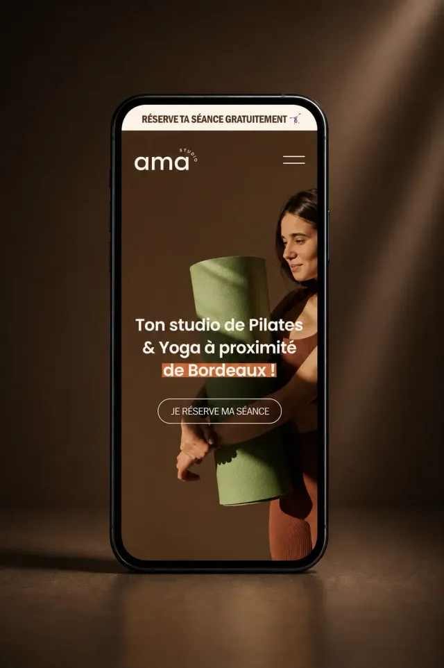 Page d’accueil mobile du site AMA Studio, studio de Pilates et Yoga près de Bordeaux