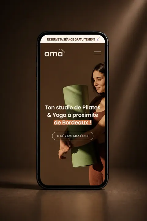 Page d’accueil mobile du site AMA Studio, studio de Pilates et Yoga près de Bordeaux