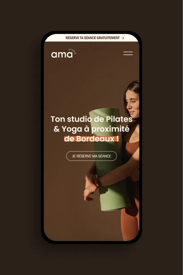 Page d’accueil mobile du site AMA Studio, studio de Pilates et Yoga près de Bordeaux