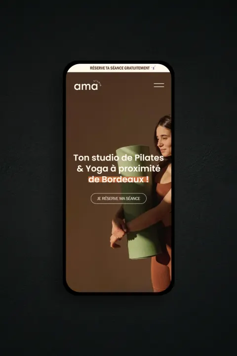 Page d’accueil mobile du site AMA Studio, studio de Pilates et Yoga près de Bordeaux