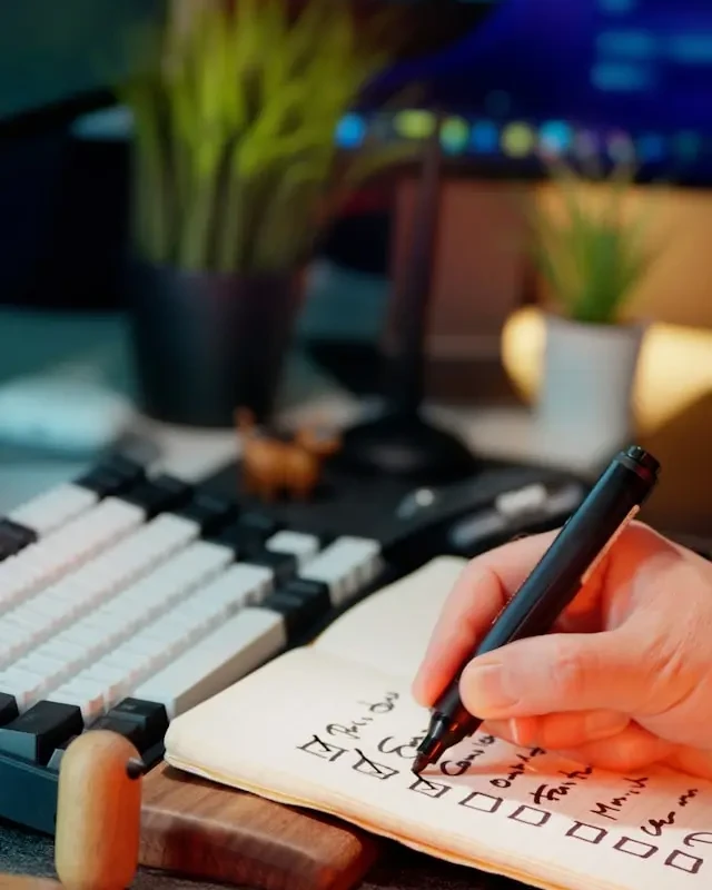 Main notant une liste de tâches à cocher dans un carnet, à côté d’un clavier mécanique