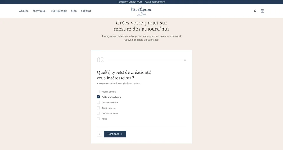 Formulaire de demande sur-mesure du site Mallyana Création, étape du choix du type de création