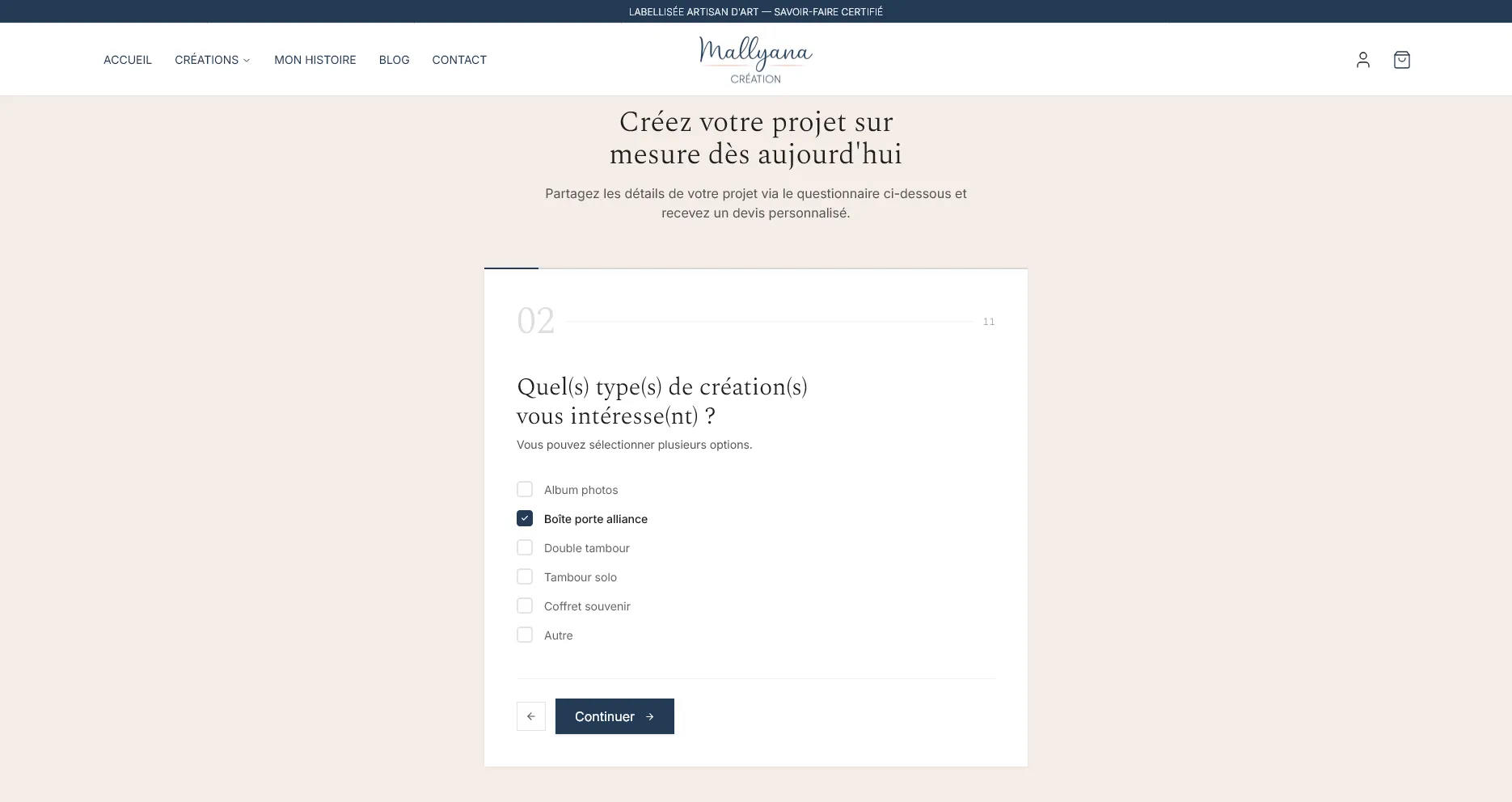 Formulaire de demande sur-mesure en plusieurs étapes sur le site Mallyana