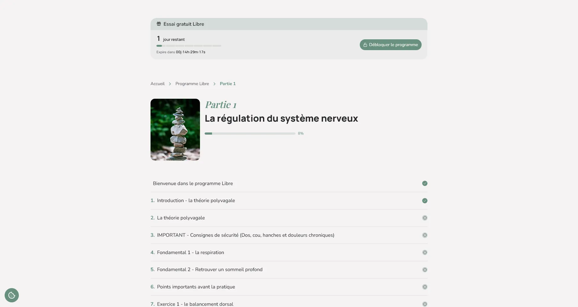 Sommaire de la partie 1 du programme Libre avec l’essai gratuit débloqué