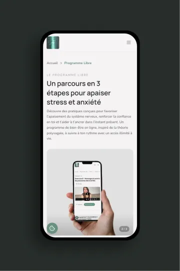 Page programme mobile du site Libre, programme bien-être en 3 étapes avec vidéo de la fondatrice