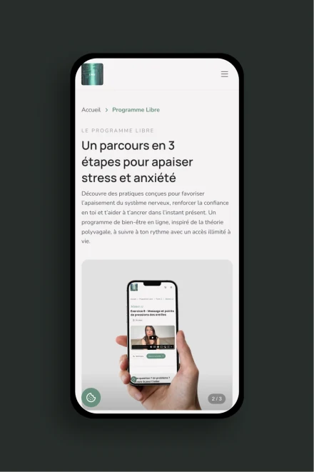 Page programme mobile du site Libre, programme bien-être en 3 étapes avec vidéo de la fondatrice