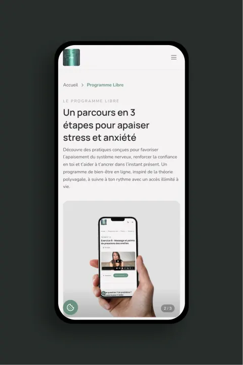 Page programme mobile du site Libre, programme bien-être en 3 étapes avec vidéo de la fondatrice