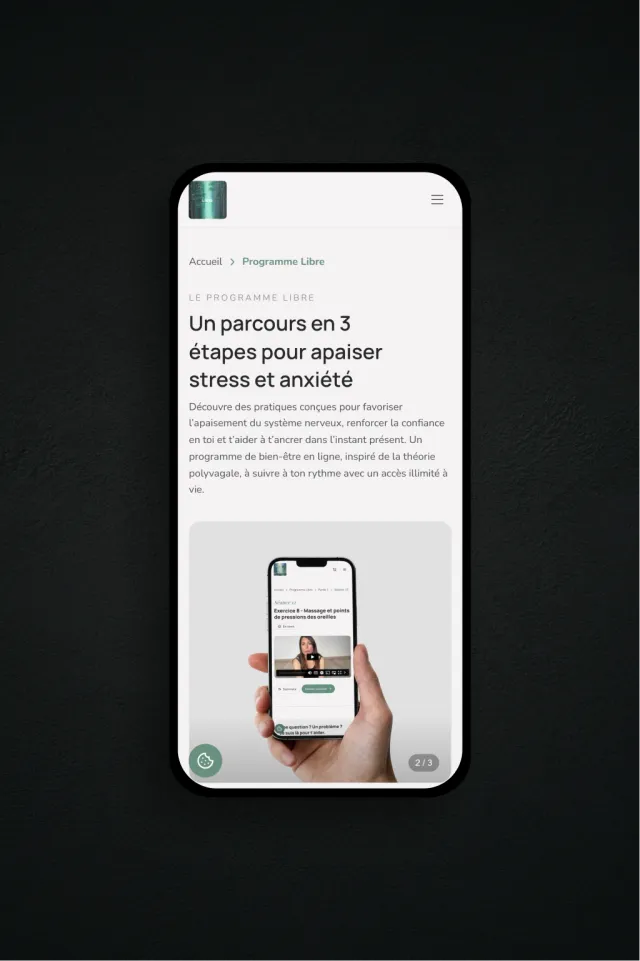 Page programme mobile du site Libre, programme bien-être en 3 étapes avec vidéo de la fondatrice
