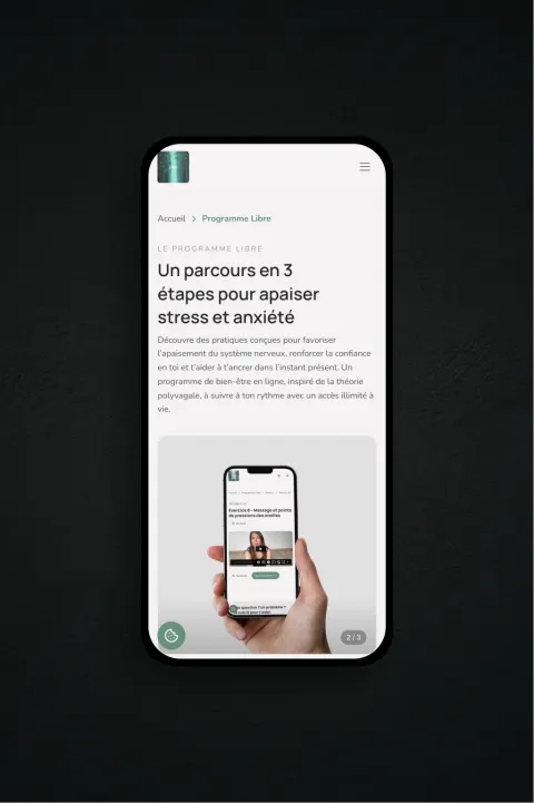 Page programme mobile du site Libre, programme bien-être en 3 étapes avec vidéo de la fondatrice