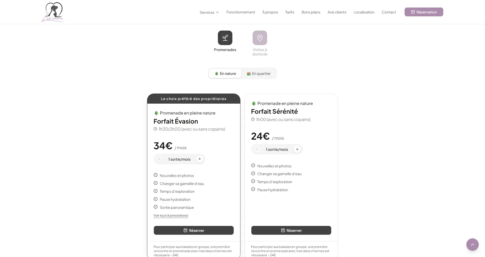 Section tarifs du site Zenimaux, présentant les prestations de garde d’animaux par type et durée