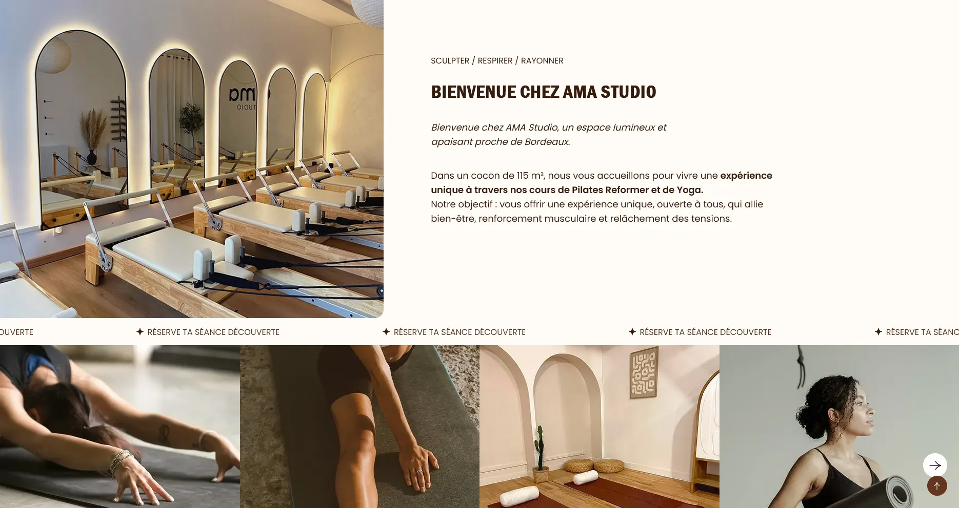 Section de présentation du studio sur le site AMA Studio, soignée pour le référencement local