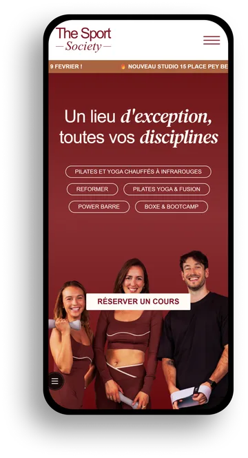 Site de The Sport Society affiché sur un téléphone