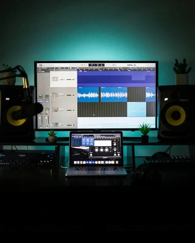 Studio de production musicale avec écran de montage audio et enceintes
