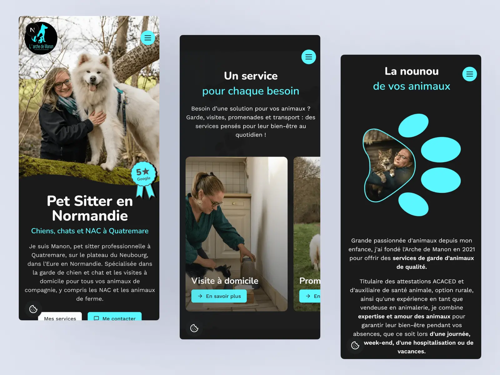 Aperçu du site L'Arche de Manon en version mobile, présentant trois captures d'écran du design responsive, conçu et développé par Alexis Pennel.