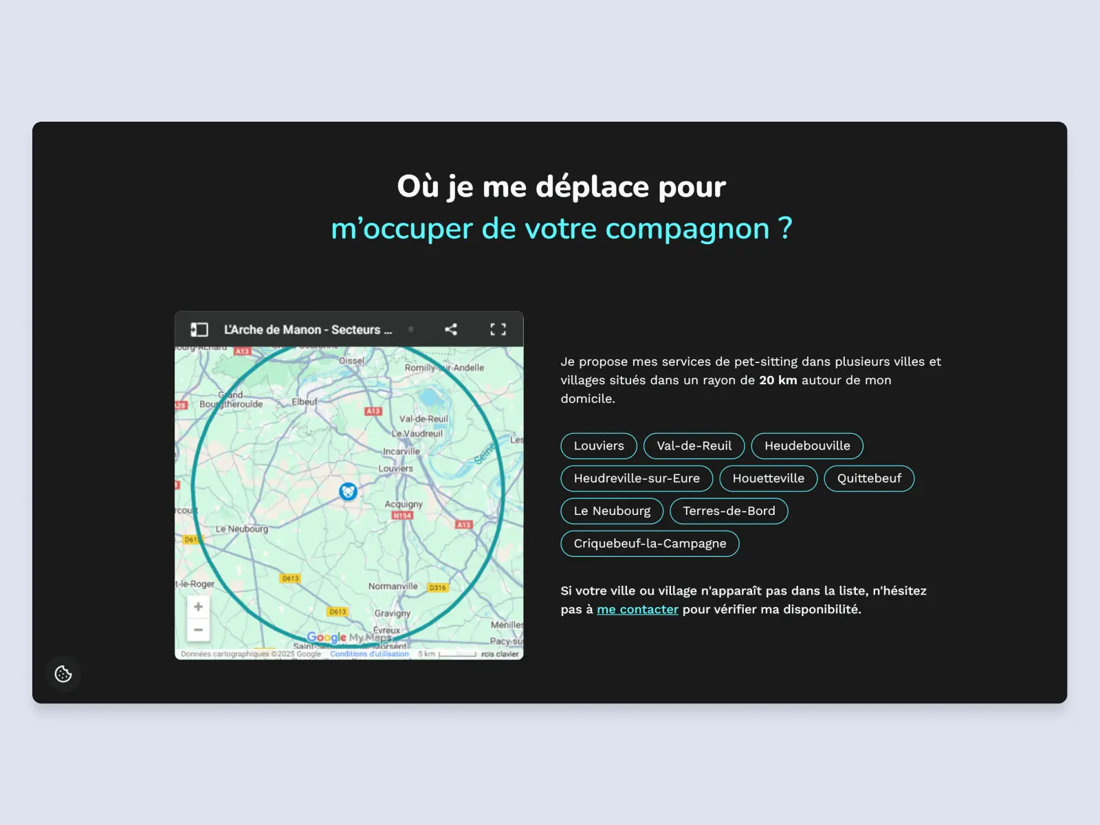 Aperçu de la section 'Où je me déplace' du site de L'Arche de Manon, présentant les secteurs d'intervention pour les services de pet-sitting.