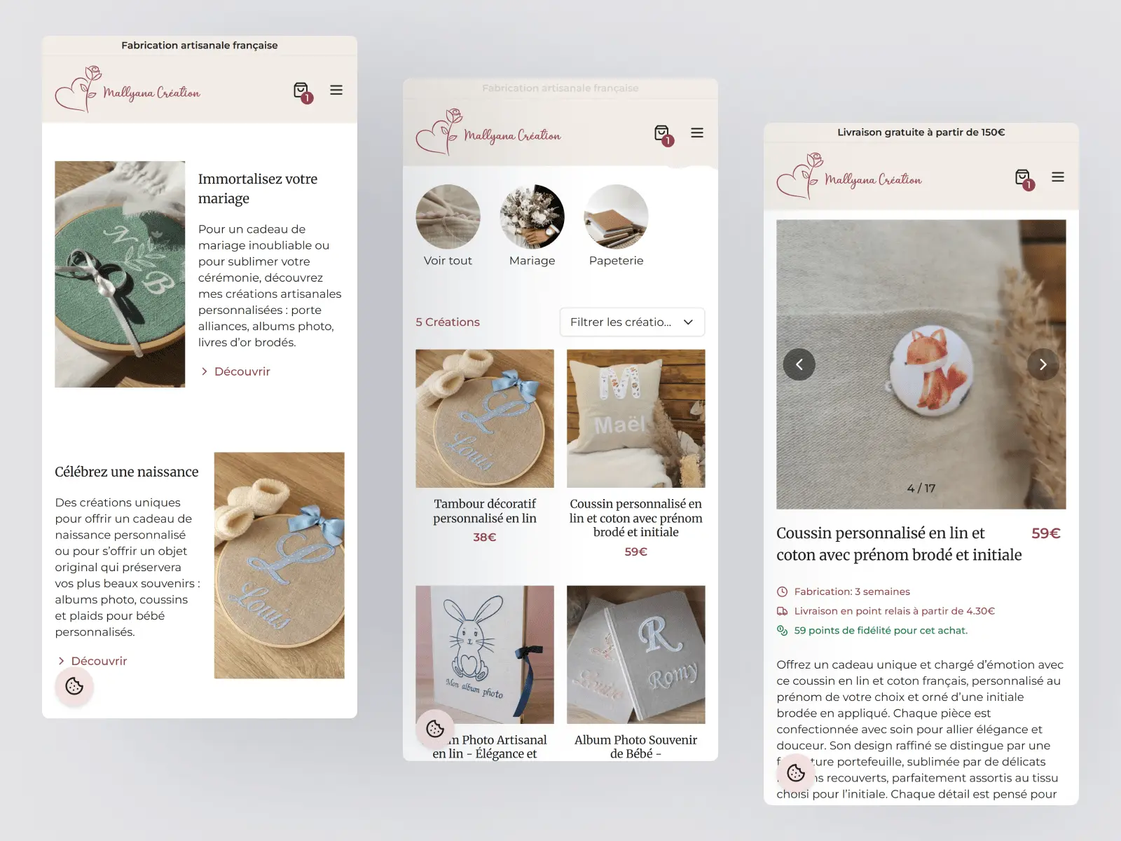 Aperçus de la boutique de Mallyana Création, développé par Alexis Pennel.