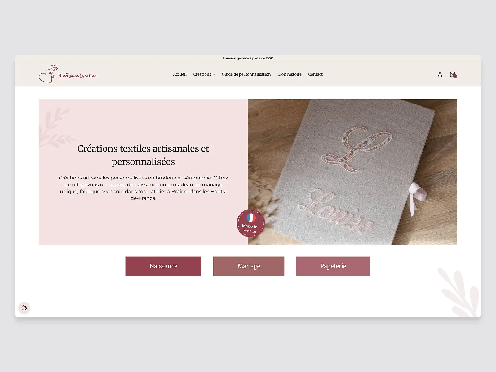 Page d'accueil du site e-commerce de Mallyana Création, conçu par Alexis Pennel.