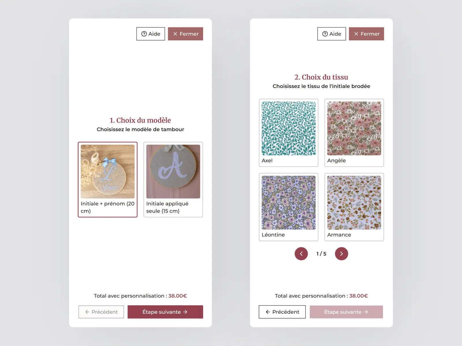 Capture d'écran de la personnalisation d'un produit sur la boutique de Mallyana Création