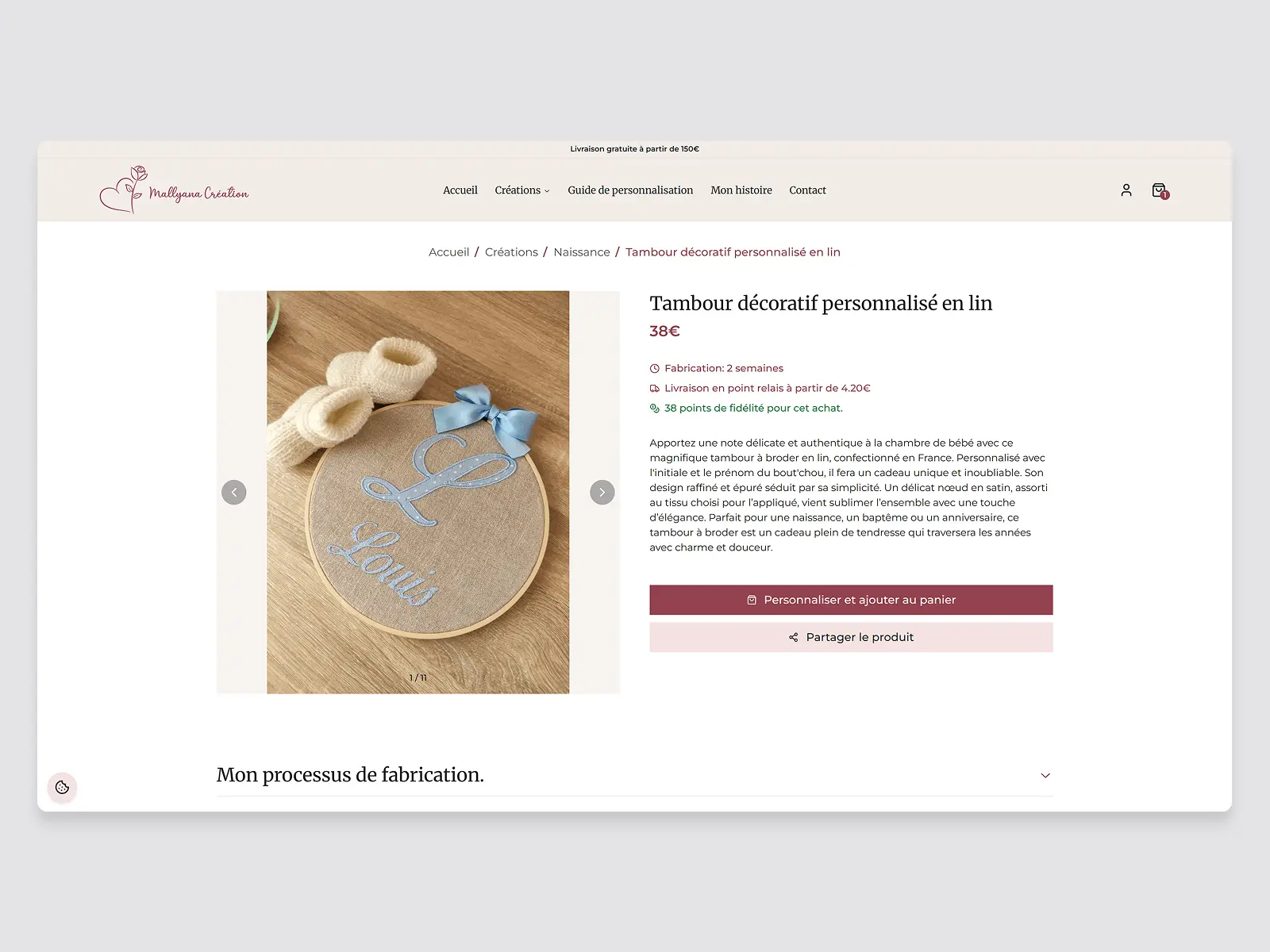 Page d'une création sur la boutique en ligne de Mallyana Création