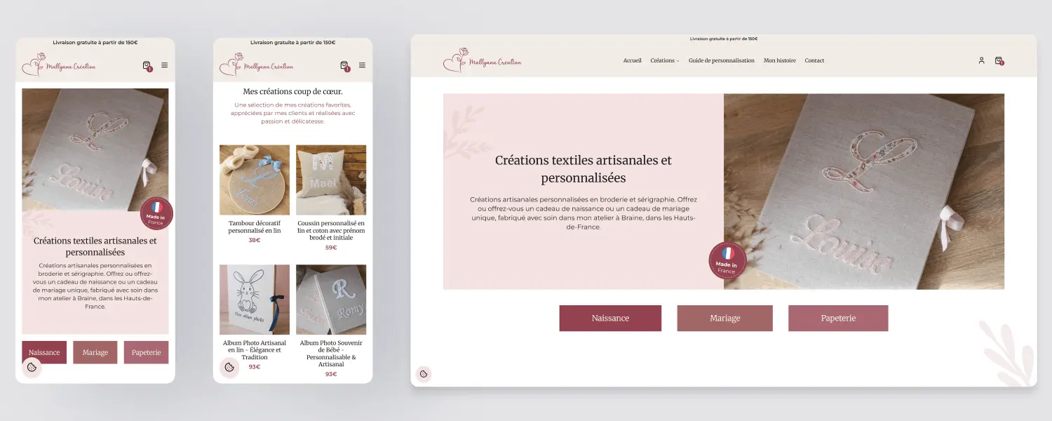 Aperçu du site e-commerce de Mallyana Création, conçu et développé par Alexis Pennel.